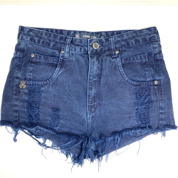 John John High Rise Distressed Shorts 26 Blue Raw Hem Cotton Brazilian - Picture 1 of 10